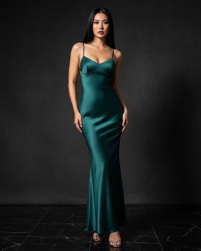 Satin Kleid - Satin Abendkleid Lang Rueckenfrei - Spaghetti-Traeger Gruen - Ansicht 1