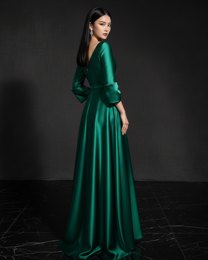 Satin Kleid - Satin Abendkleid Lang Schlitz - A-Linie Smaragd - Ansicht 2