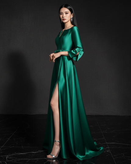Satin Kleid - Satin Abendkleid Lang Schlitz - A-Linie Smaragd - Ansicht 3