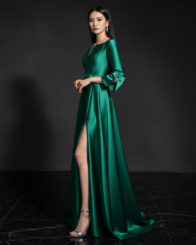 Satin Kleid - Satin Abendkleid Lang Schlitz - A-Linie Smaragd - Ansicht 3