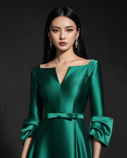 Satin Kleid - Satin Abendkleid Lang Schlitz - A-Linie Smaragd - Ansicht 4