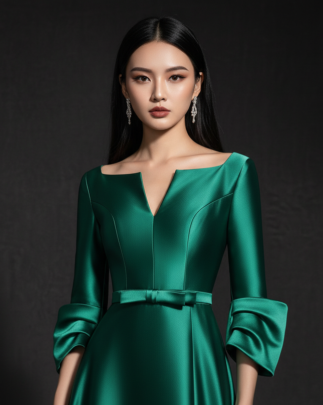 Satin Kleid - Satin Abendkleid Lang Schlitz - A-Linie Smaragd - Ansicht 4