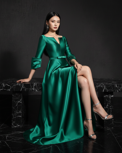 Satin Kleid - Satin Abendkleid Lang Schlitz - A-Linie Smaragd - Ansicht 5