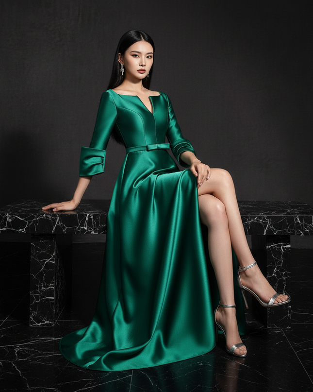 Satin Kleid - Satin Abendkleid Lang Schlitz - A-Linie Smaragd - Ansicht 5