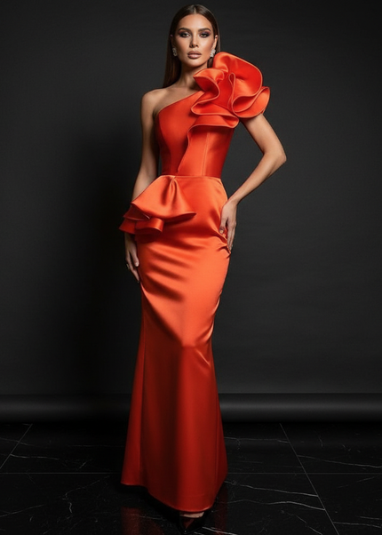 Satin Kleid - Satin Abendkleid Lang Schwarz - One-Shoulder - Ansicht 1
