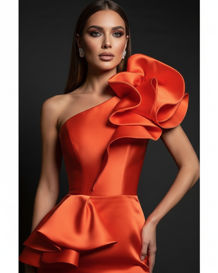 Satin Kleid - Satin Abendkleid Lang Schwarz - One-Shoulder - Ansicht 4