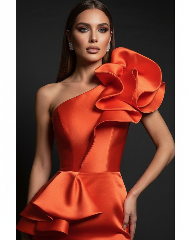 Satin Kleid - Satin Abendkleid Lang Schwarz - One-Shoulder - Ansicht 4