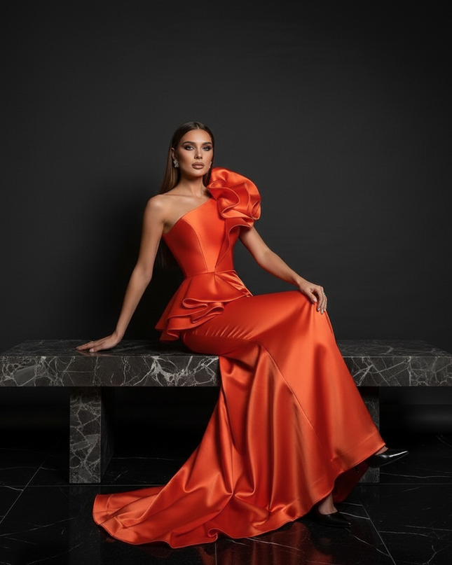 Satin Kleid - Satin Abendkleid Lang Schwarz - One-Shoulder - Ansicht 5