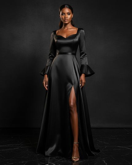 Satin Kleid - Satin Abendkleid Lang V-Ausschnitt - A-Linie - Ansicht 1