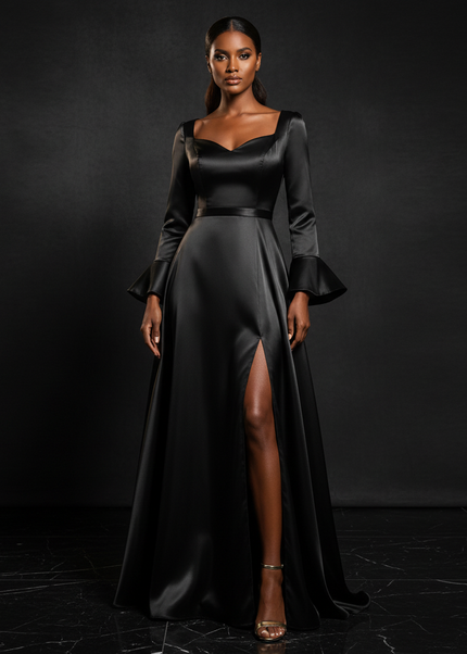 Satin Kleid - Satin Abendkleid Lang V-Ausschnitt - A-Linie - Ansicht 1