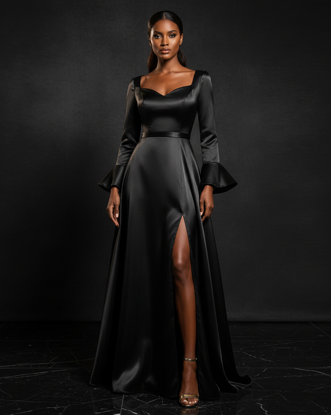 Satin Kleid - Satin Abendkleid Lang V-Ausschnitt - A-Linie - Ansicht 1