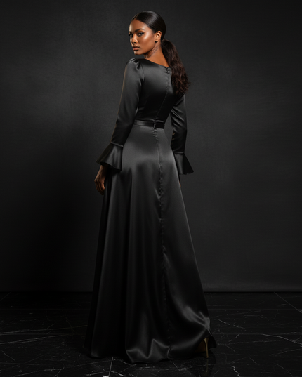 Satin Kleid - Satin Abendkleid Lang V-Ausschnitt - A-Linie - Ansicht 2