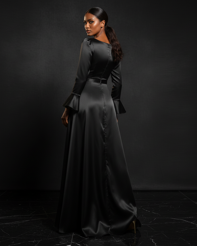 Satin Kleid - Satin Abendkleid Lang V-Ausschnitt - A-Linie - Ansicht 2