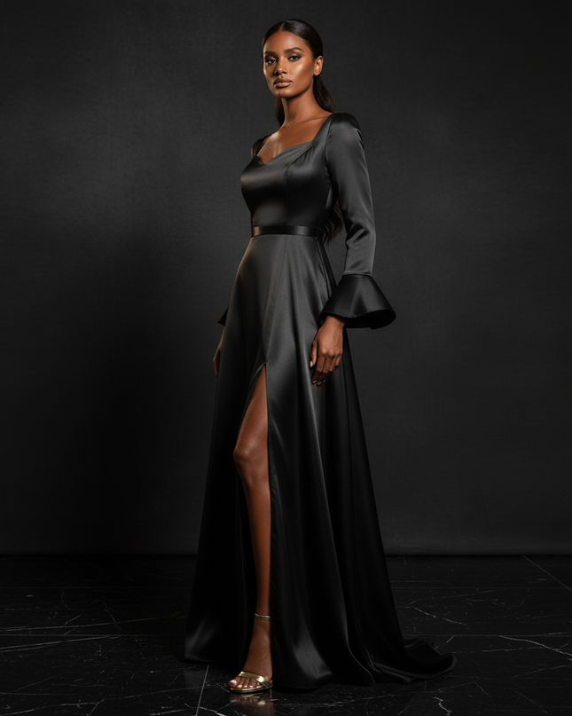 Satin Kleid - Satin Abendkleid Lang V-Ausschnitt - A-Linie - Ansicht 3
