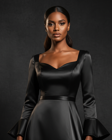 Satin Kleid - Satin Abendkleid Lang V-Ausschnitt - A-Linie - Ansicht 4