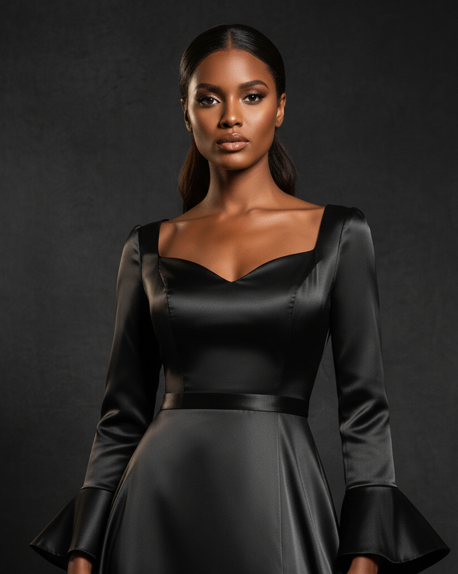 Satin Kleid - Satin Abendkleid Lang V-Ausschnitt - A-Linie - Ansicht 4