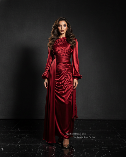 Satin Kleid - Satin Abendkleid Lang Wickel - Drapiert Weinrot - Ansicht 1