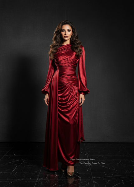 Satin Kleid - Satin Abendkleid Lang Wickel - Drapiert Weinrot - Ansicht 1
