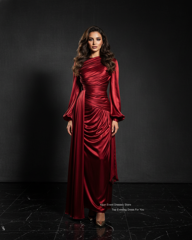 Satin Kleid - Satin Abendkleid Lang Wickel - Drapiert Weinrot - Ansicht 1