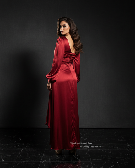 Satin Kleid - Satin Abendkleid Lang Wickel - Drapiert Weinrot - Ansicht 2