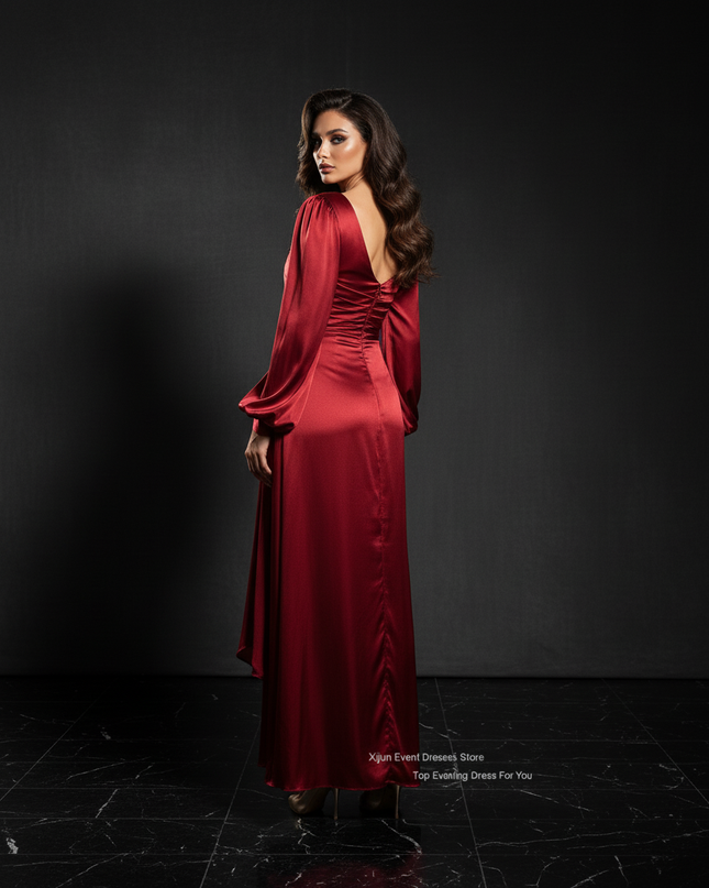 Satin Kleid - Satin Abendkleid Lang Wickel - Drapiert Weinrot - Ansicht 2