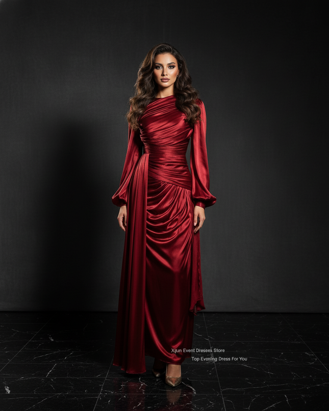 Satin Kleid - Satin Abendkleid Lang Wickel - Drapiert Weinrot - Ansicht 3