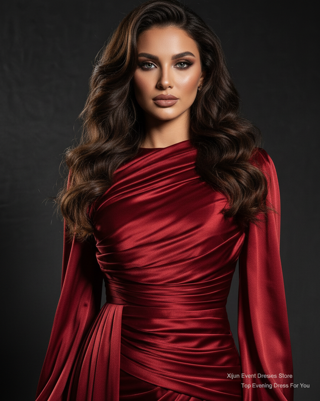 Satin Kleid - Satin Abendkleid Lang Wickel - Drapiert Weinrot - Ansicht 4