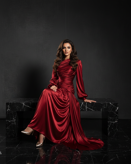 Satin Kleid - Satin Abendkleid Lang Wickel - Drapiert Weinrot - Ansicht 5