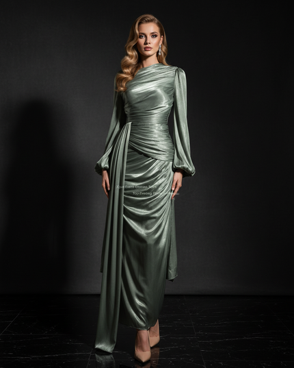 Satin Kleid - Satin Abendkleid Langarm | Kaftan-Stil elegant - Ansicht 1