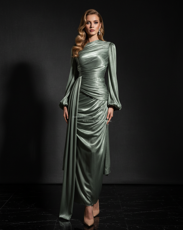 Satin Kleid - Satin Abendkleid Langarm | Kaftan-Stil elegant - Ansicht 1