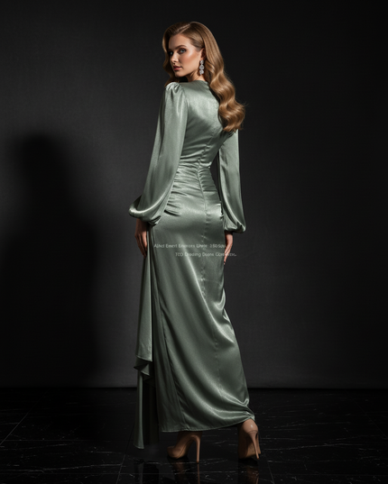 Satin Kleid - Satin Abendkleid Langarm | Kaftan-Stil elegant - Ansicht 2