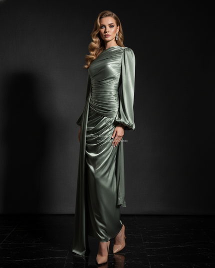 Satin Kleid - Satin Abendkleid Langarm | Kaftan-Stil elegant - Ansicht 3