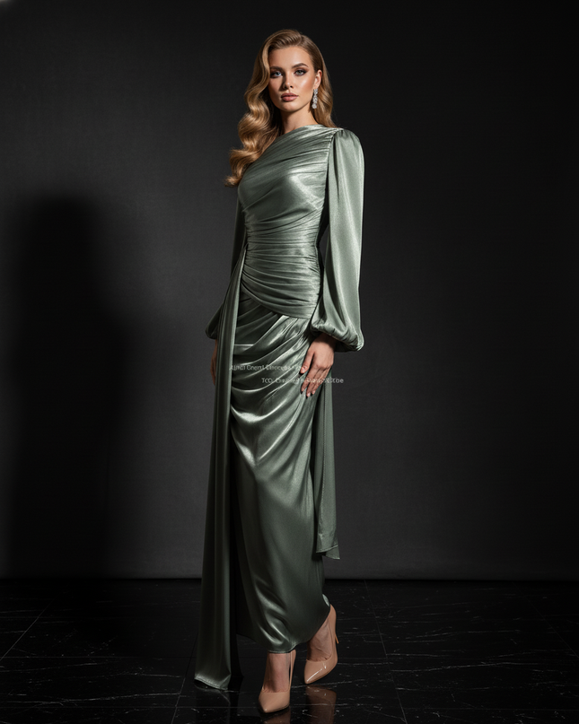 Satin Kleid - Satin Abendkleid Langarm | Kaftan-Stil elegant - Ansicht 3