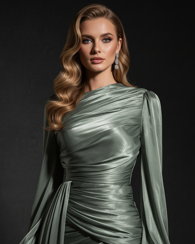 Satin Kleid - Satin Abendkleid Langarm | Kaftan-Stil elegant - Ansicht 4