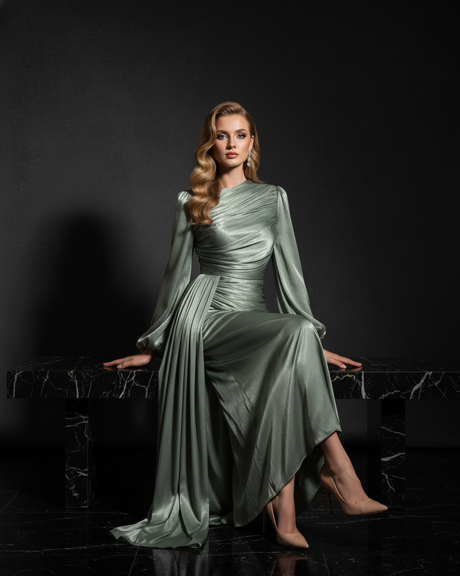 Satin Kleid - Satin Abendkleid Langarm | Kaftan-Stil elegant - Ansicht 5