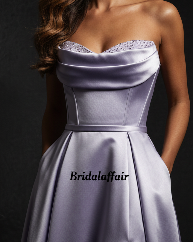 Satin Kleid Lavender - Satin Abendkleid Lavendel - Korsett Traegerlos Lang - Ansicht 4
