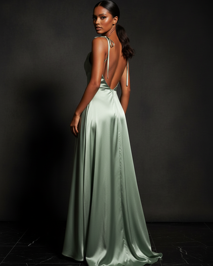 Satin Kleid - Satin Abendkleid Locker Gruen - Cowl Neck lang - Ansicht 2