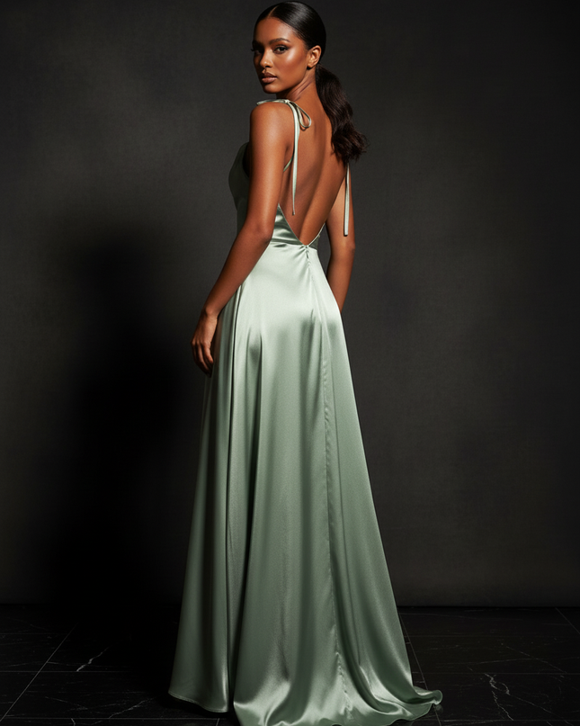 Satin Kleid - Satin Abendkleid Locker Gruen - Cowl Neck lang - Ansicht 2