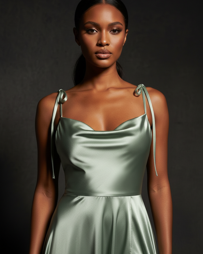 Satin Kleid - Satin Abendkleid Locker Gruen - Cowl Neck lang - Ansicht 4