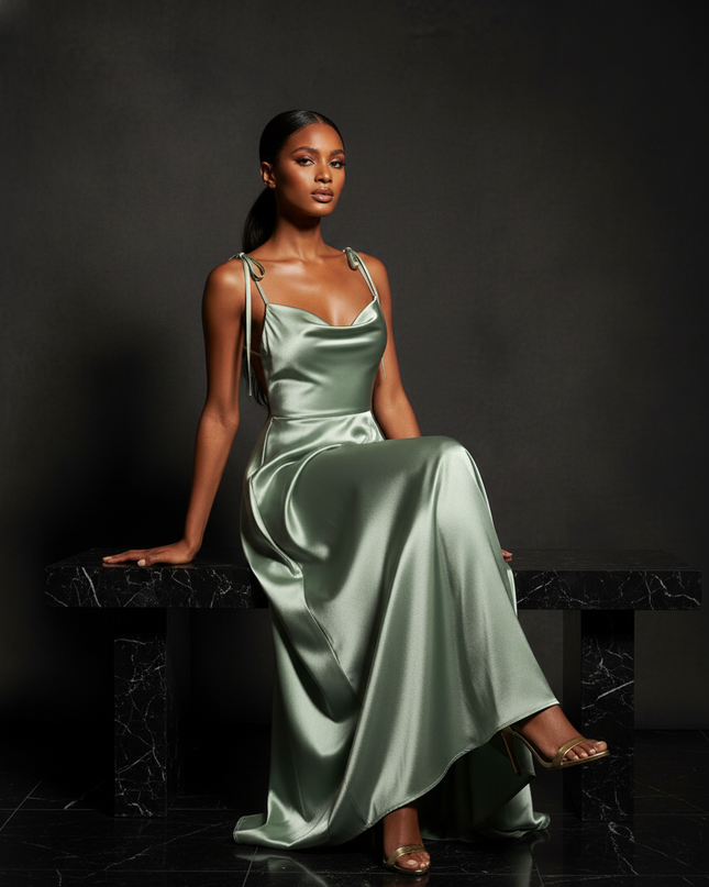 Satin Kleid - Satin Abendkleid Locker Gruen - Cowl Neck lang - Ansicht 5