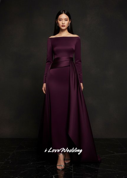 Satin Kleid Purple - Meerjungfrau Abendkleid Lila Langarm Off-Shoulder - Ansicht 1