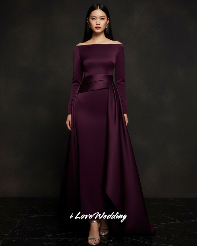 Satin Kleid Purple - Meerjungfrau Abendkleid Lila Langarm Off-Shoulder - Ansicht 1