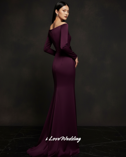 Satin Kleid Purple - Meerjungfrau Abendkleid Lila Langarm Off-Shoulder - Ansicht 2