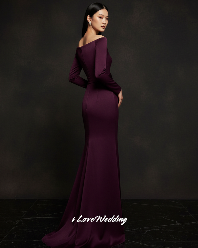 Satin Kleid Purple - Meerjungfrau Abendkleid Lila Langarm Off-Shoulder - Ansicht 2