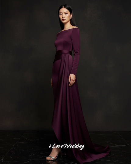 Satin Kleid Purple - Meerjungfrau Abendkleid Lila Langarm Off-Shoulder - Ansicht 3