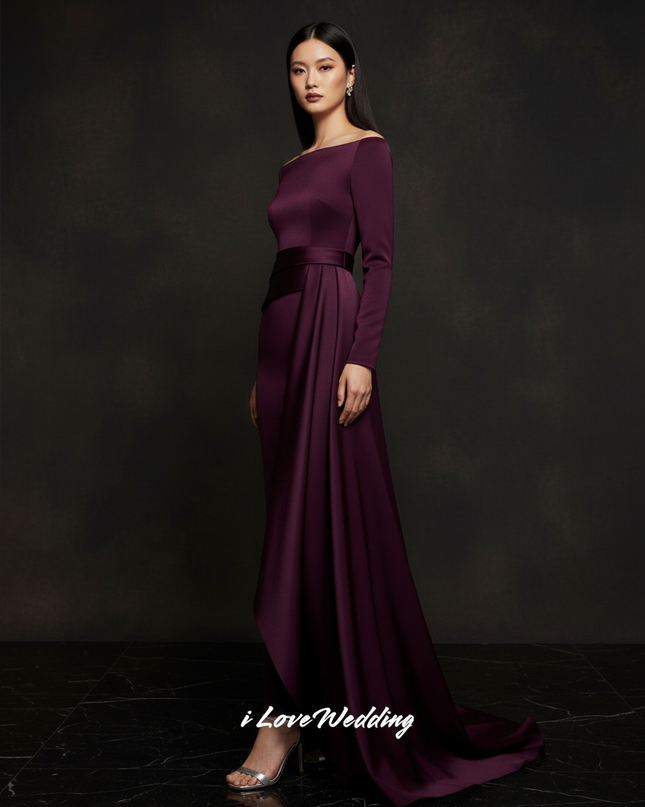 Satin Kleid Purple - Meerjungfrau Abendkleid Lila Langarm Off-Shoulder - Ansicht 3