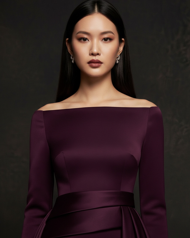 Satin Kleid Purple - Meerjungfrau Abendkleid Lila Langarm Off-Shoulder - Ansicht 4