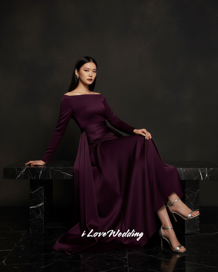 Satin Kleid Purple - Meerjungfrau Abendkleid Lila Langarm Off-Shoulder - Ansicht 5