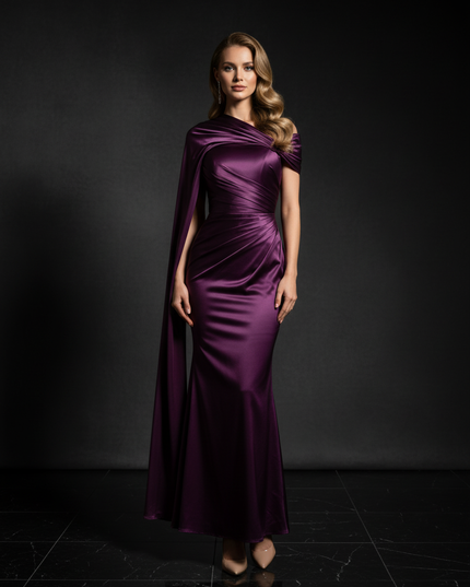 Satin Kleid Purple - Meerjungfrau Abendkleid Lila One-Shoulder Plissee - Ansicht 1
