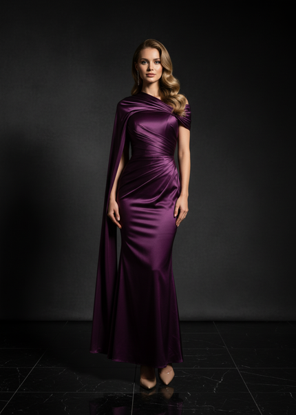 Satin Kleid Purple - Meerjungfrau Abendkleid Lila One-Shoulder Plissee - Ansicht 1